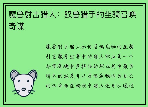 魔兽射击猎人：驭兽猎手的坐骑召唤奇谋